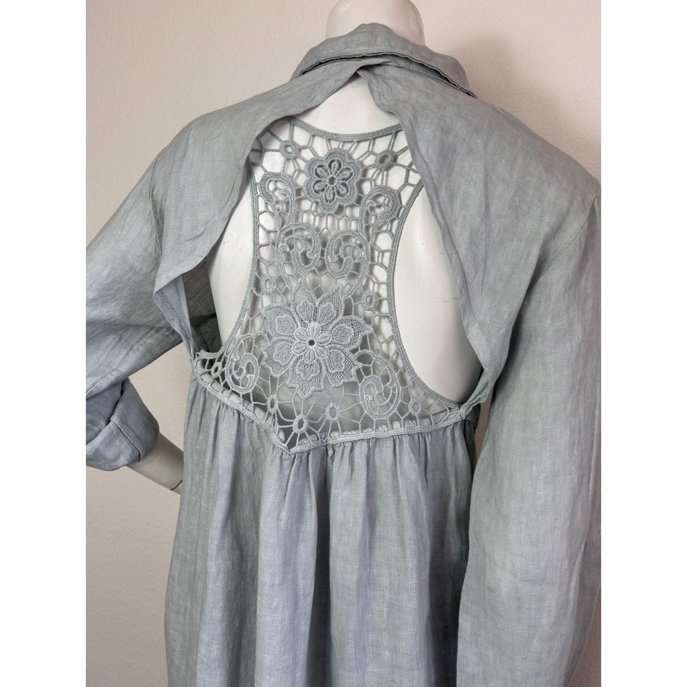 Angela Mara Linen Button Up Top Crochet Back Roll Tab Sleeve Grey Size Large - Picture 8 of 8